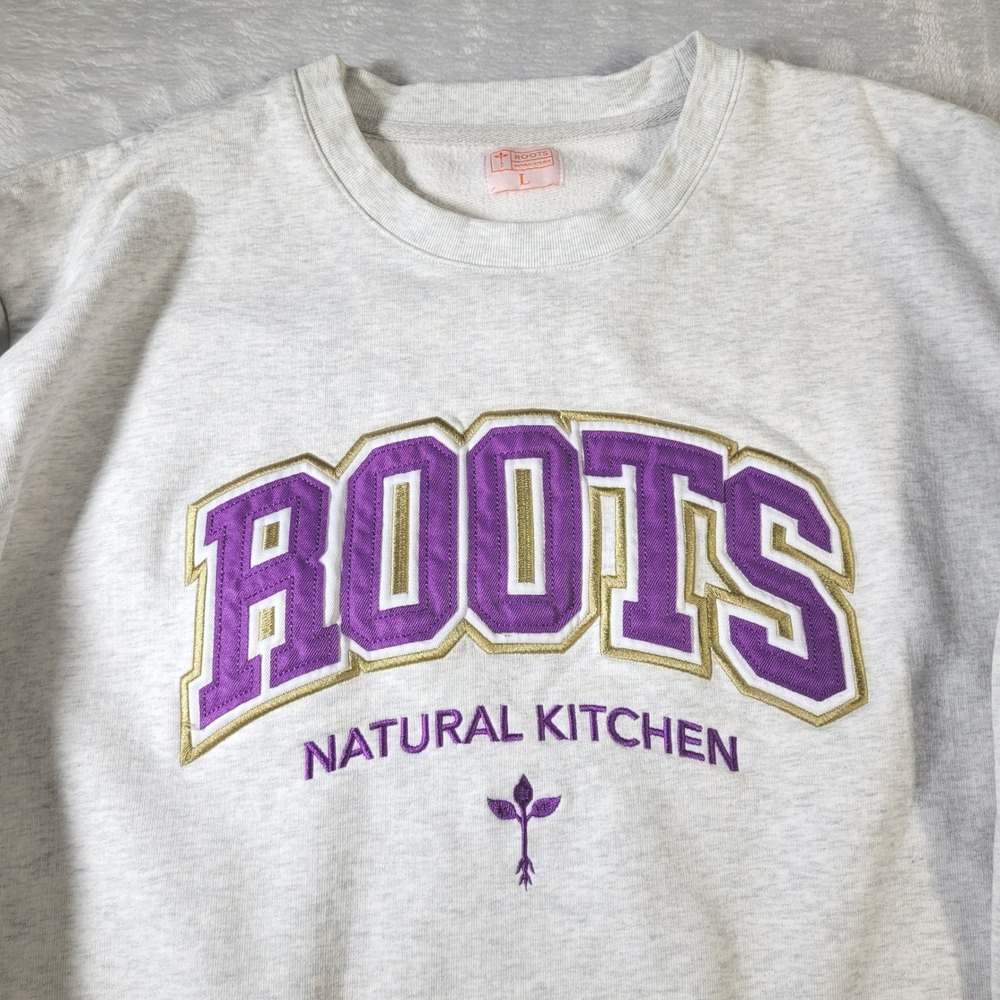 Roots Natural Kitchen Sweatshirt Mens L Grey Purple Embroidered Crewneck Fleece